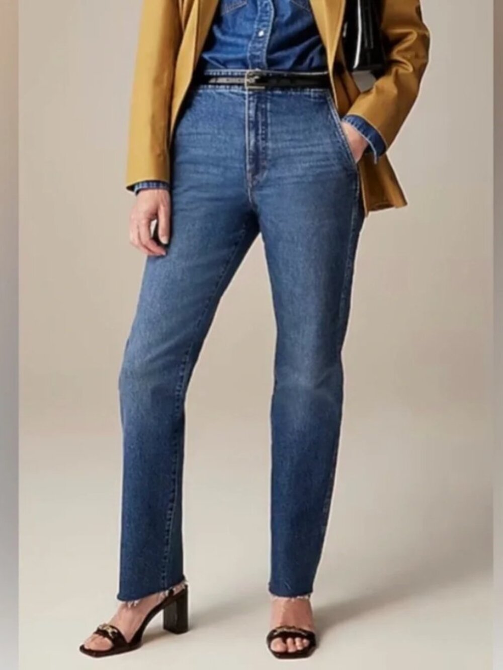J.CREW '96 STRAIGHT JEANS TROUSER FRONT HIGH RISE BUCKLE-YOKE RAW HEM STRETCH 27